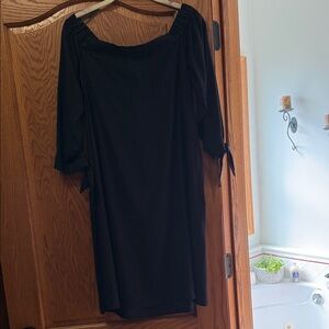 LOFT Black Off-Shoulder Tie-Sleeve Midi Dress